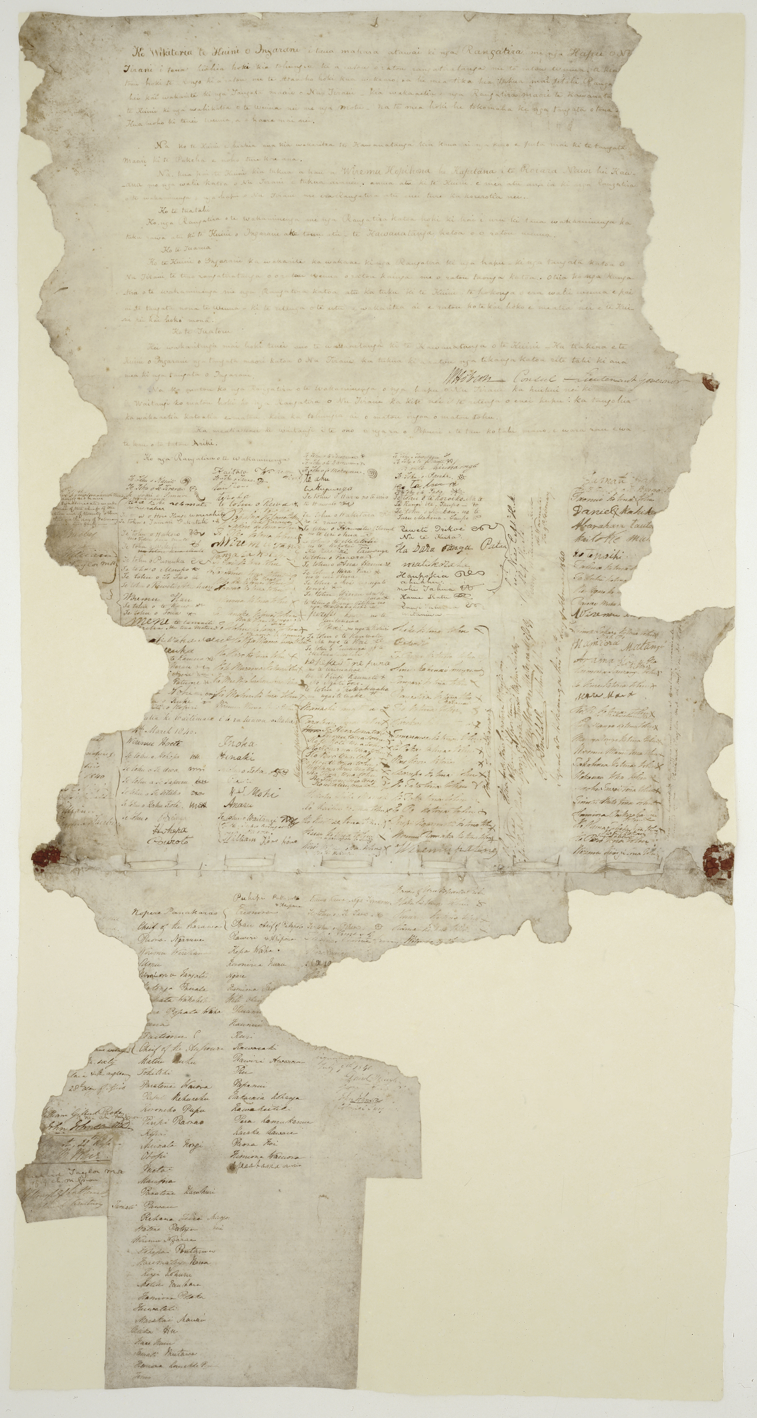 Το ιστορικό φύλλο Waitangi της Συνθήκης του 1840 με τις υπογραφές